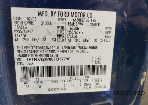 2008 Ford F-150 Fx2/Stx/Xl/Xlt из США, поврежденный, VIN 1FTRX12W88FB37710